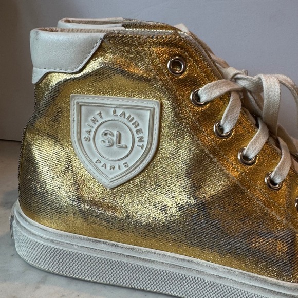 Distressed Calfskin Bedford Logo-Appliqued Hightop Sneakers 6.5 Gold Cream White - Picture 3 of 14